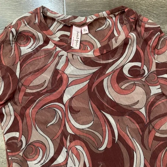 Swirl Pattern Long Sleeve Top Brown y2k abstract print Bell Sleeve Mesh Shirt - Picture 2 of 3